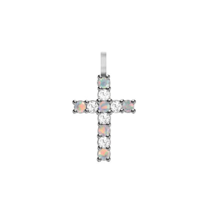 Rosecliff Cross Diamond & Opal Pendant in 14k Gold (October)