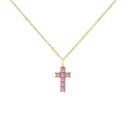 Rosecliff Small Cross Pink Sapphire Pendant in 14k Gold (October)