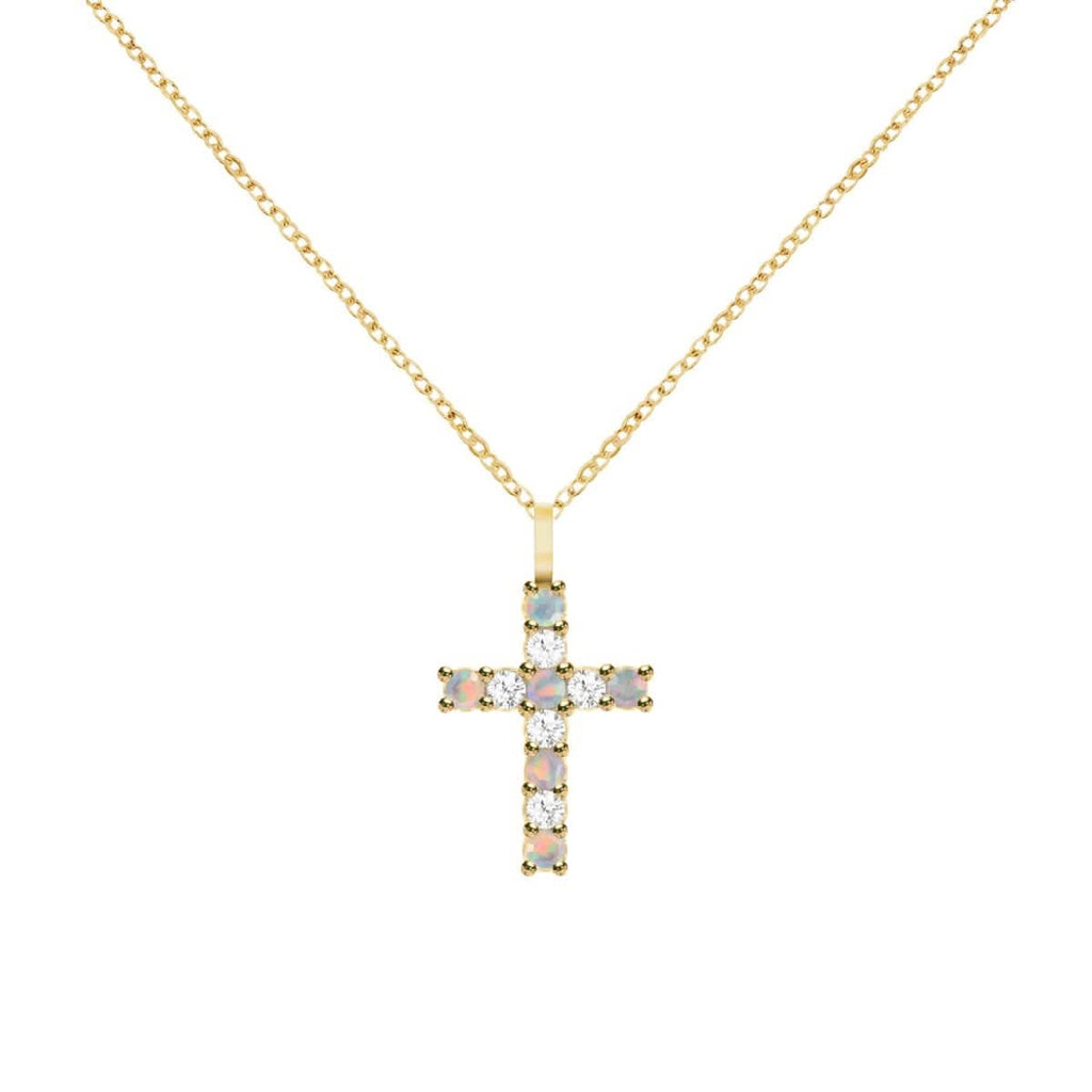 Rosecliff Cross Diamond & Opal Pendant in 14k Gold (October)