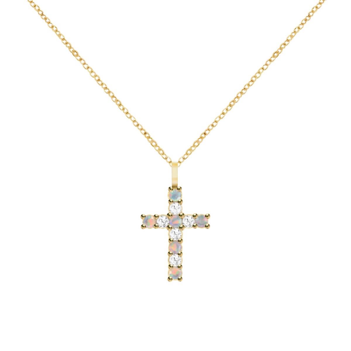 Rosecliff Cross Diamond & Opal Pendant in 14k Gold (October)