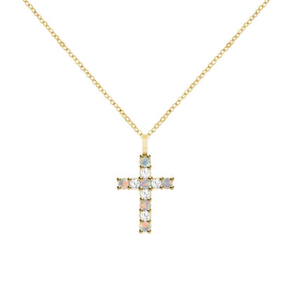 Rosecliff Cross Diamond & Opal Pendant in 14k Gold (October)