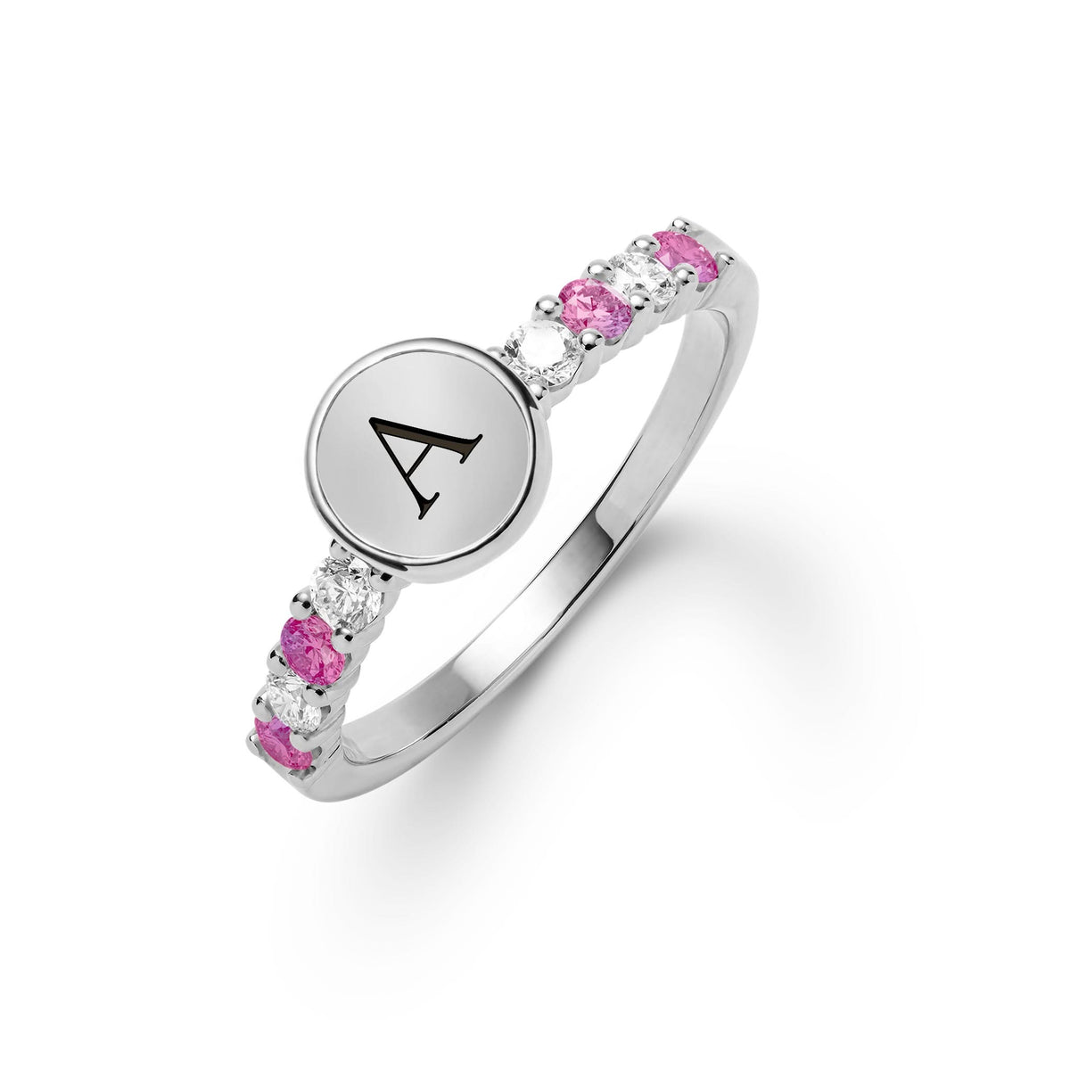 Rosecliff Letter Diamond & Pink Sapphire Ring in 14k Gold (October)
