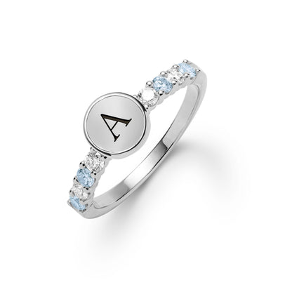 Rosecliff Letter Diamond & Nantucket Blue Topaz Ring in 14k Gold (December)