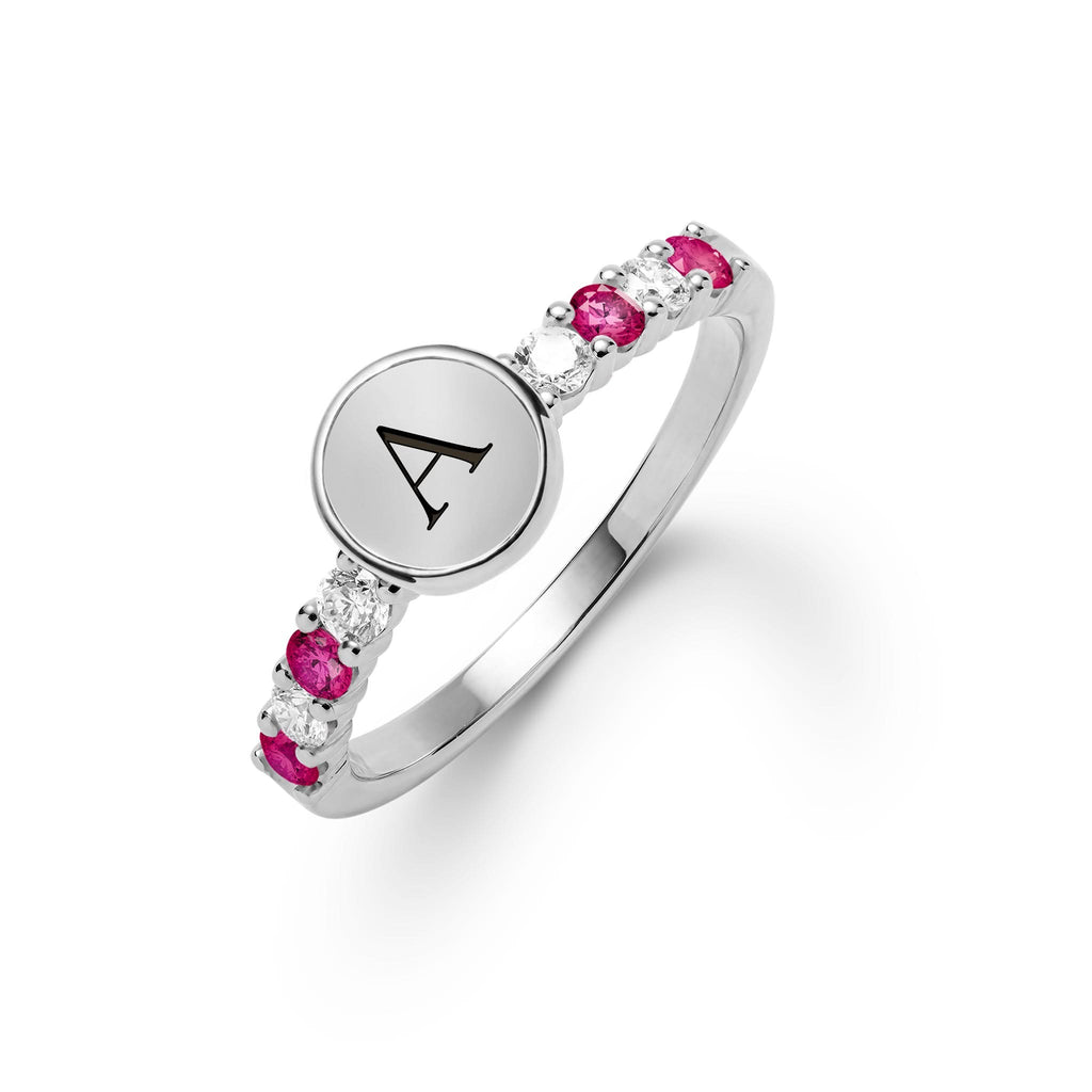 Rosecliff Letter Diamond & Ruby Ring in 14k Gold (July)