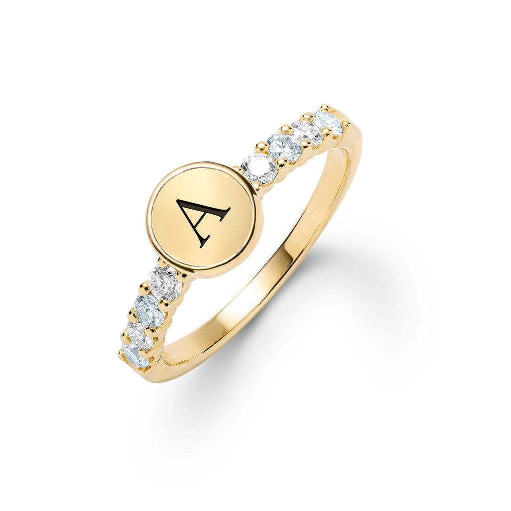 Rosecliff Letter Diamond & Aquamarine Ring in 14k Gold (March)