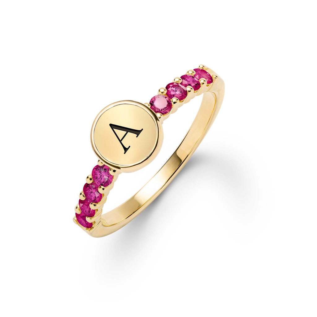 Rosecliff Letter Ruby Ring in 14k Gold (July)