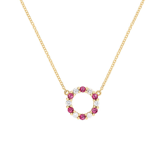Rosecliff Small Circle Diamond & Ruby Necklace in 14k Gold (July)