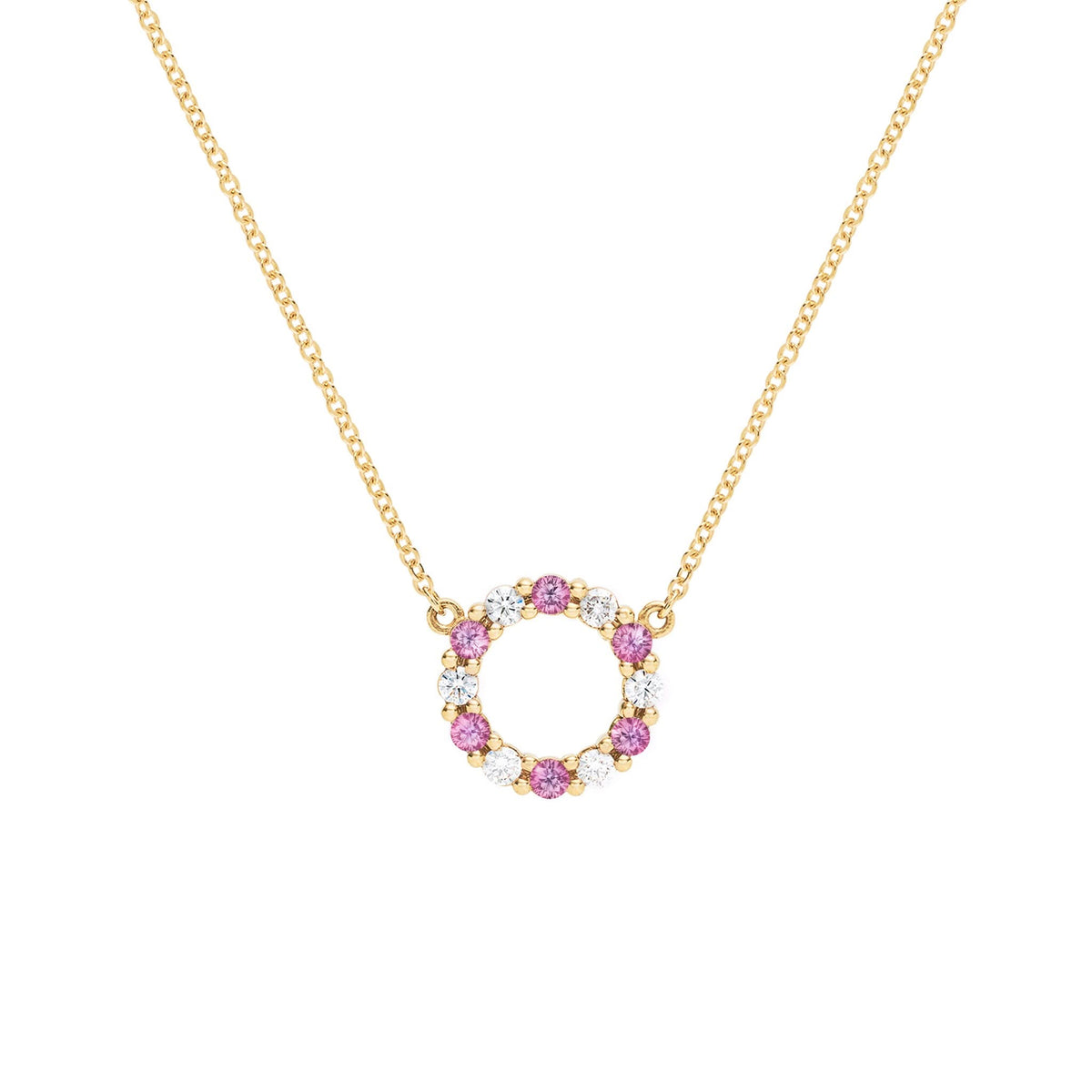 Rosecliff Small Circle Diamond & Pink Sapphire Necklace in 14k Gold (October)