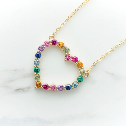 Rainbow Rosecliff Heart Necklace in 14k Gold