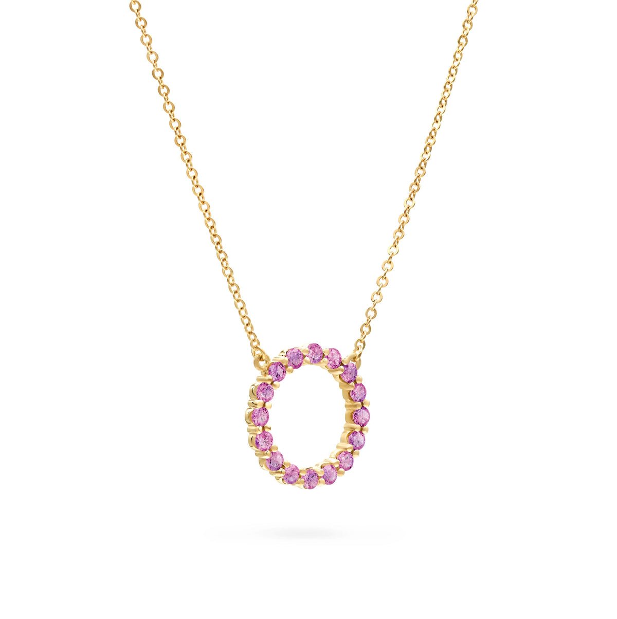 Rosecliff Circle Pink Sapphire Necklace in 14k Gold (October)