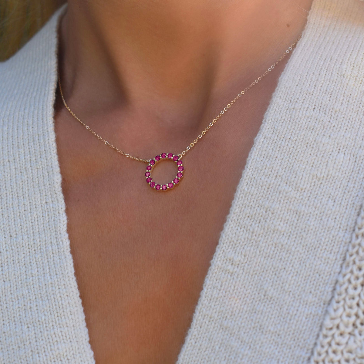 Rosecliff Circle Ruby Necklace in 14k Gold (July)