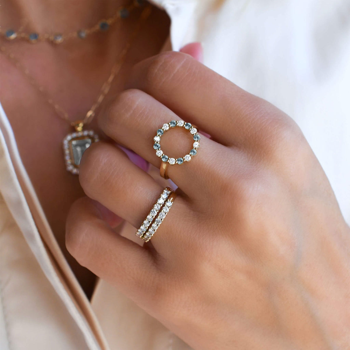 Rosecliff Circle Diamond & Nantucket Blue Topaz Ring in 14k Gold (December)