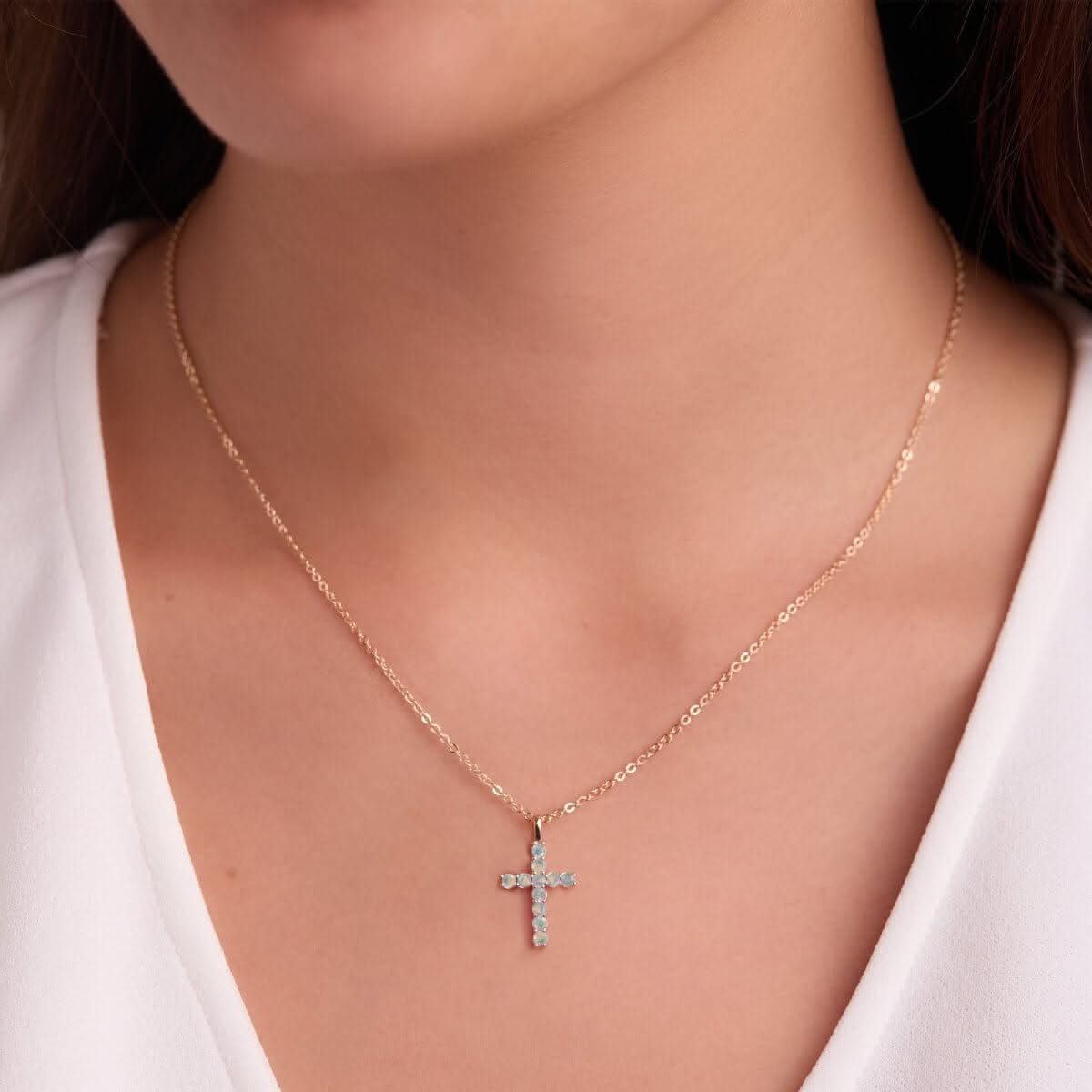 Rosecliff Cross Opal Pendant in 14k Gold (October)
