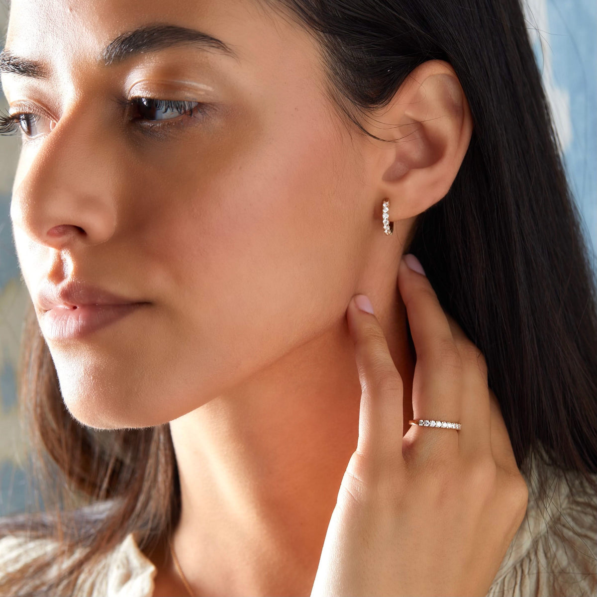 Rosecliff Diamond Bar Necklace and Huggie Hoop Earrings Set in 14k Gold (April)