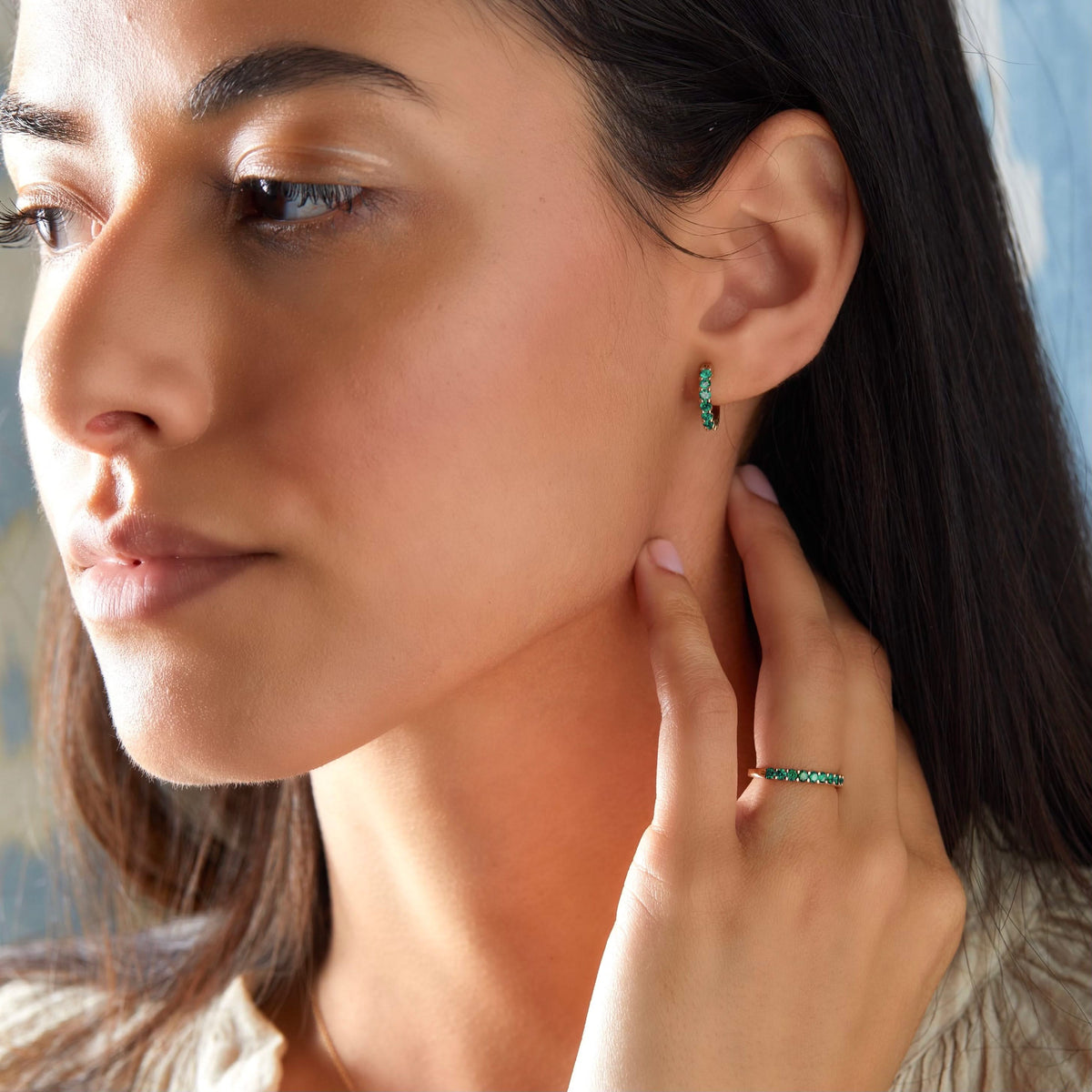 Rosecliff Emerald Huggie Hoop Earrings in 14k Gold (May)