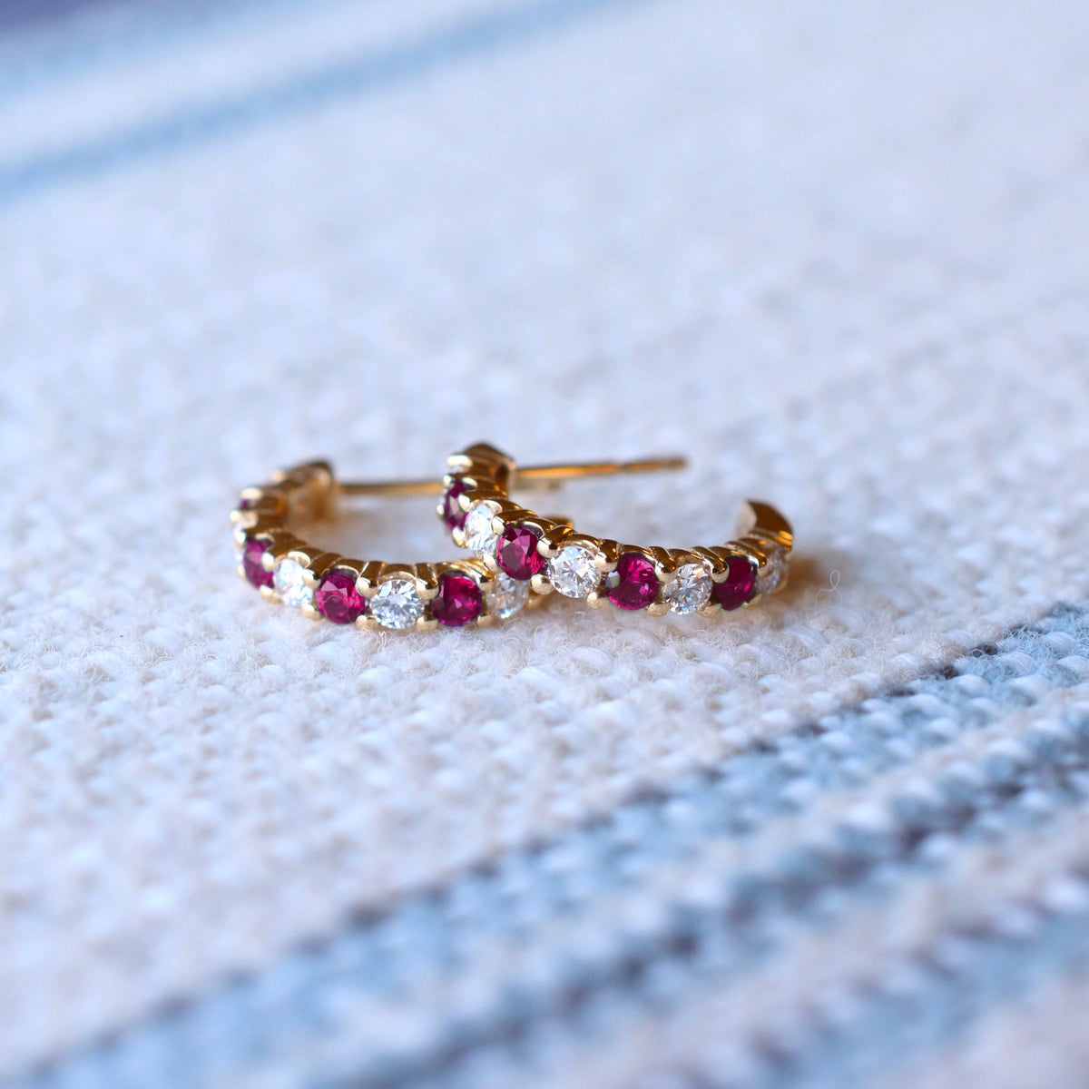 Rosecliff Diamond & Ruby Huggie Hoop Earrings in 14k Gold (July)