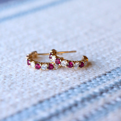 Rosecliff Diamond & Ruby Huggie Hoop Earrings in 14k Gold (July)