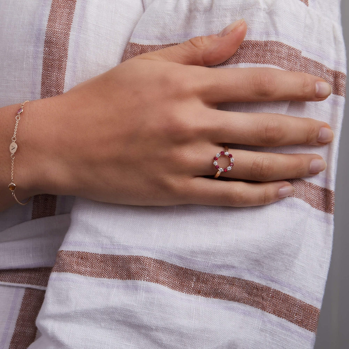 Rosecliff Small Circle Diamond & Ruby Ring in 14k Gold (July)