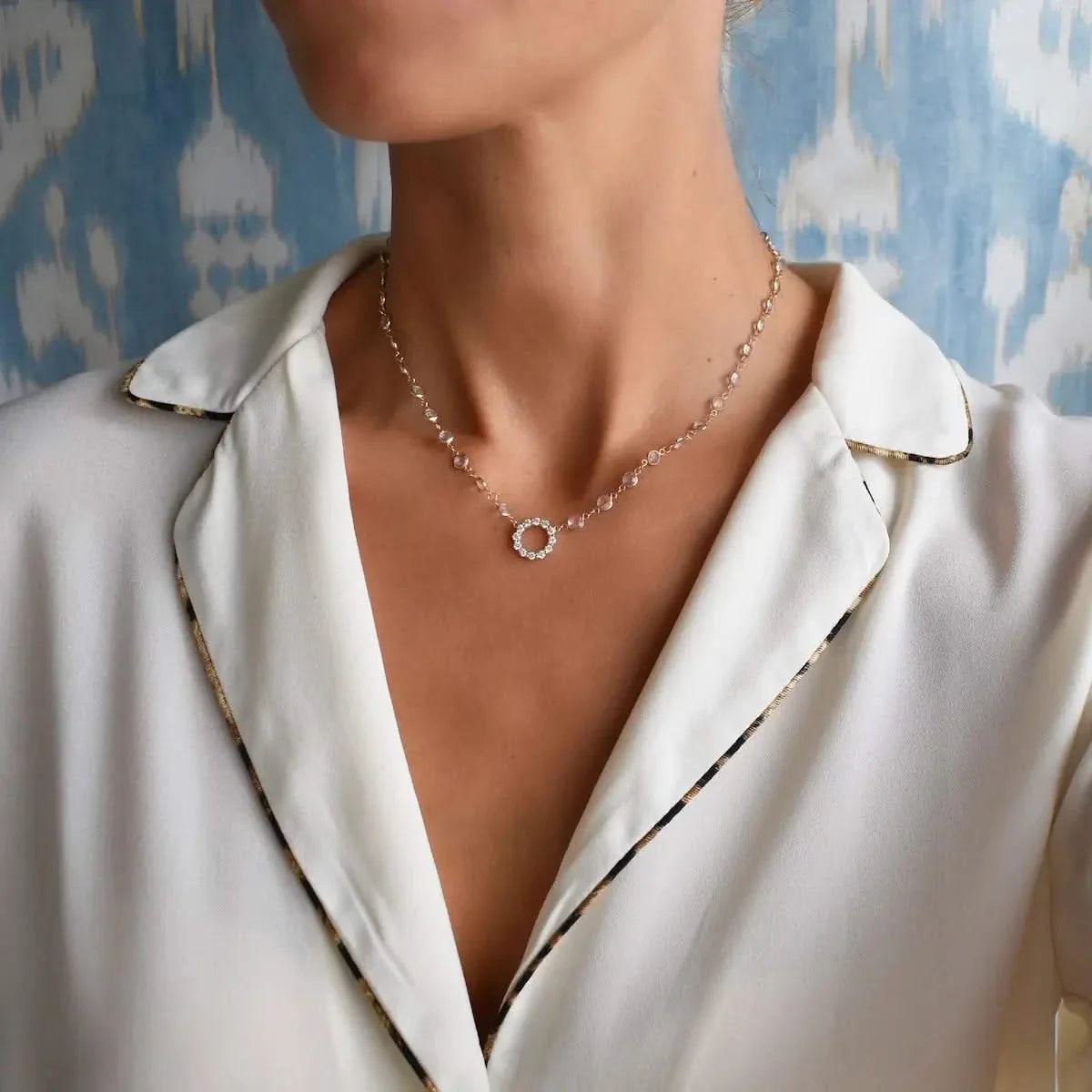 Rosecliff Diamond Small Circle & Newport White Topaz Necklace in 14k Gold (April)