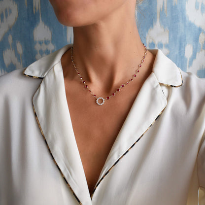 Rosecliff Diamond Small Circle & Newport Ruby Necklace in 14k Gold (July)
