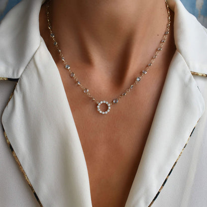 Rosecliff Diamond Small Circle & Newport Aquamarine Necklace in 14k Gold (March)