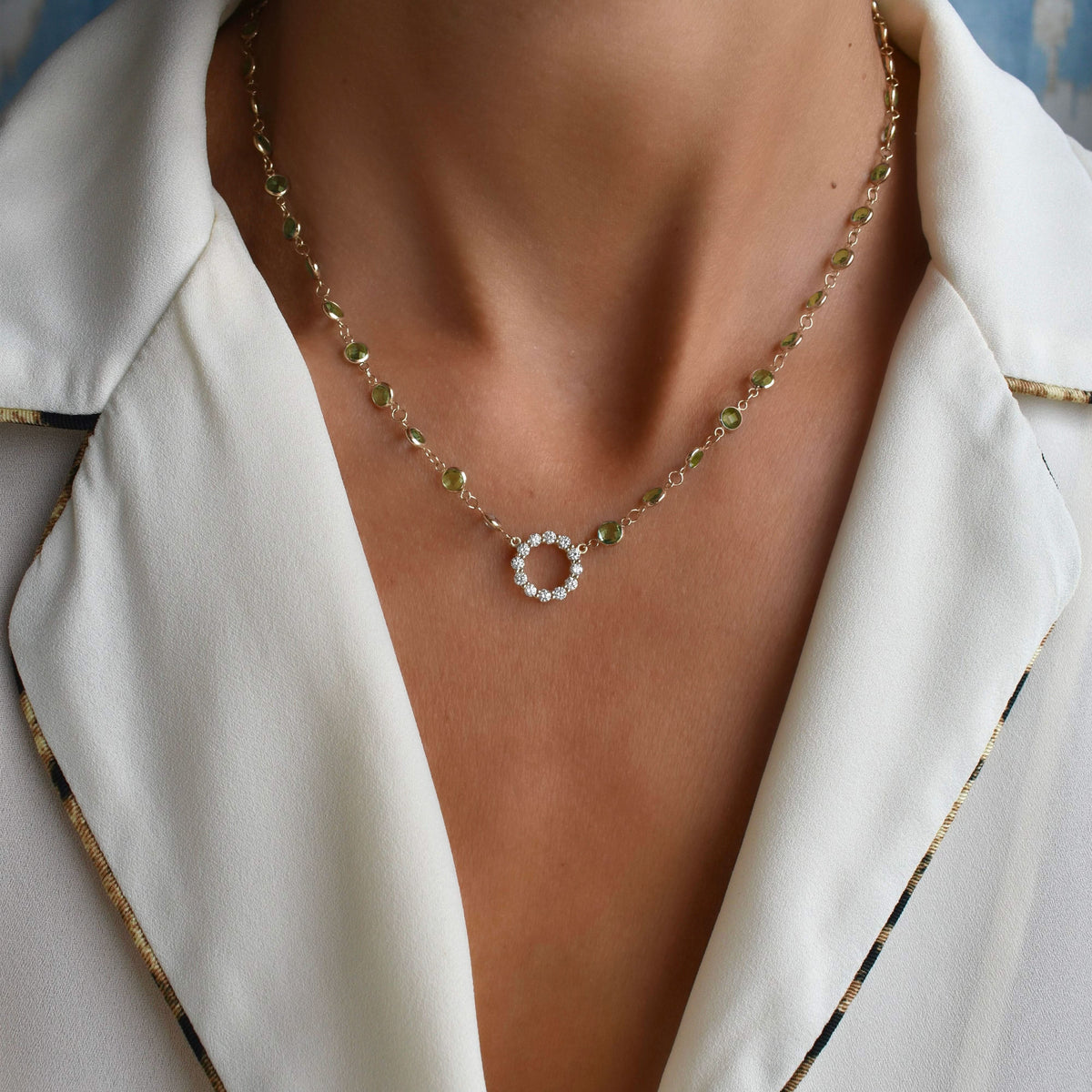 Rosecliff Diamond Small Circle & Newport Peridot Necklace in 14k Gold (August)