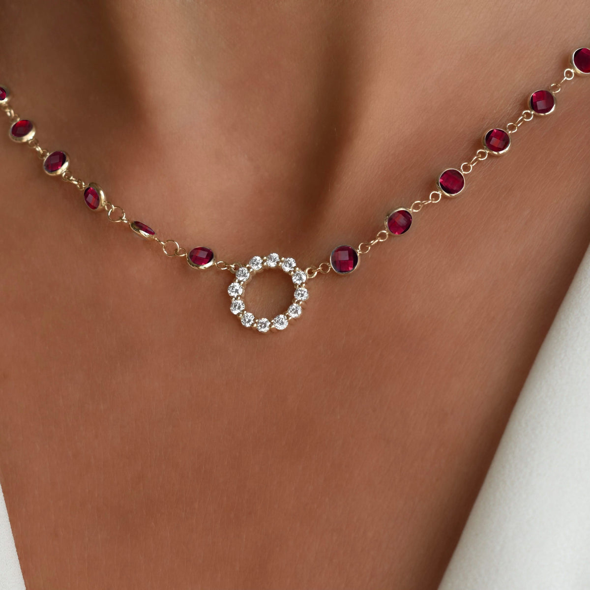 Rosecliff Diamond Small Circle & Newport Ruby Necklace in 14k Gold (July)