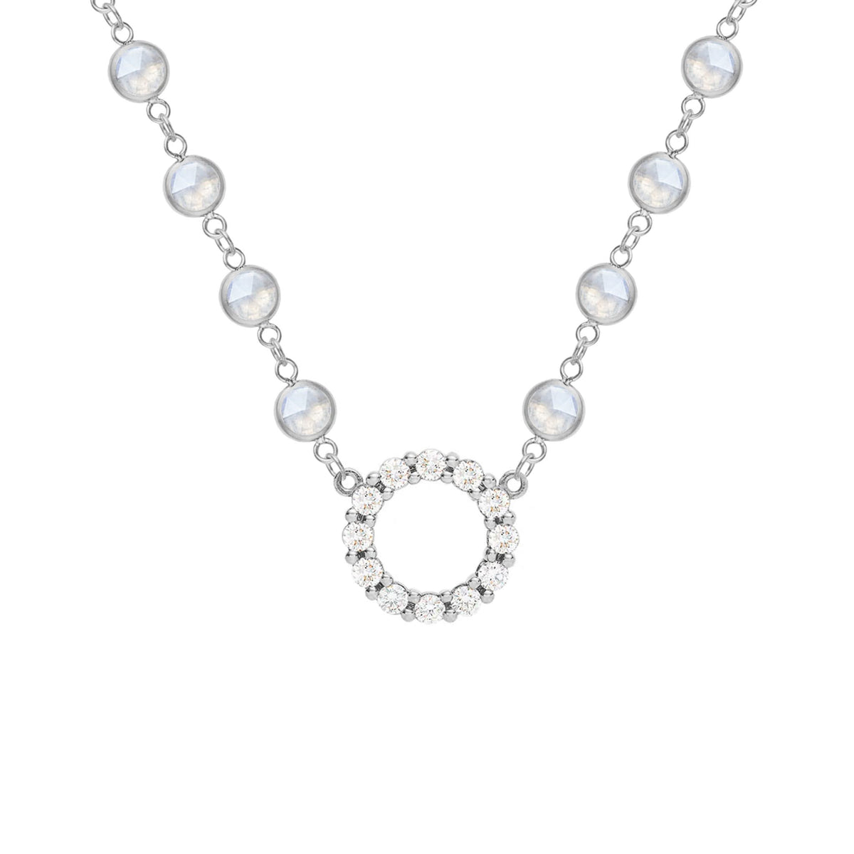 Rosecliff Diamond Small Circle & Newport Moonstone Necklace in 14k Gold (June)