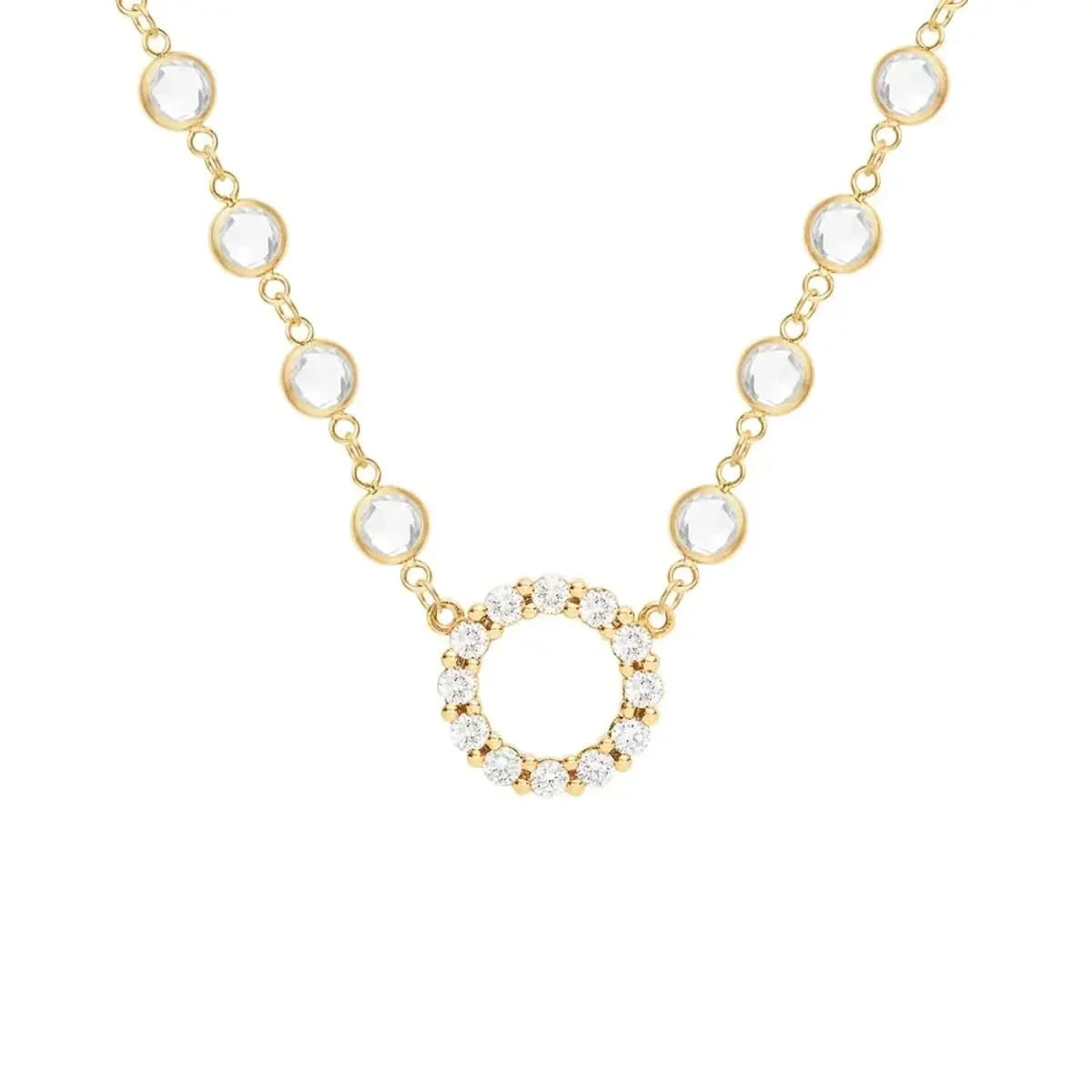 Rosecliff Diamond Small Circle & Newport White Topaz Necklace in 14k Gold (April)