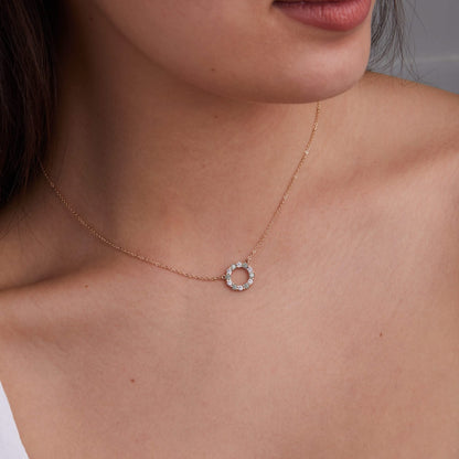 Rosecliff Small Circle Diamond & Nantucket Blue Topaz Necklace and Huggie Hoop Earrings Set in 14k Gold (December)