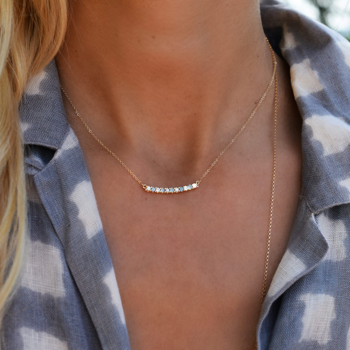 Rosecliff Diamond & Nantucket Blue Topaz Bar Necklace in 14k Gold (December)