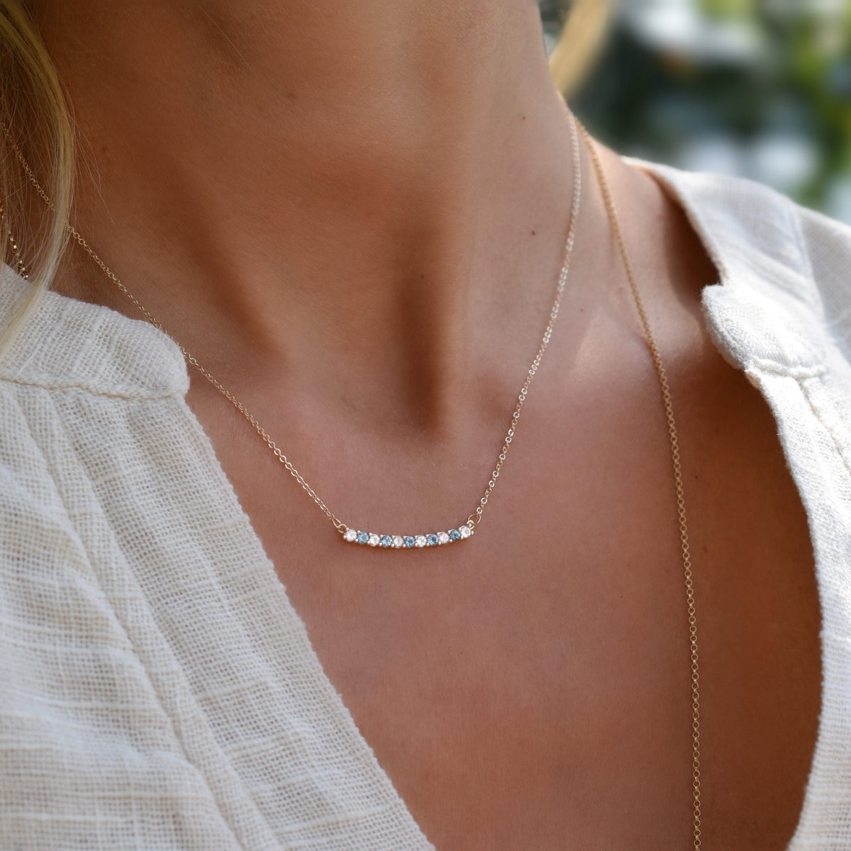 Rosecliff Diamond & Nantucket Blue Topaz Bar Necklace in 14k Gold (December)