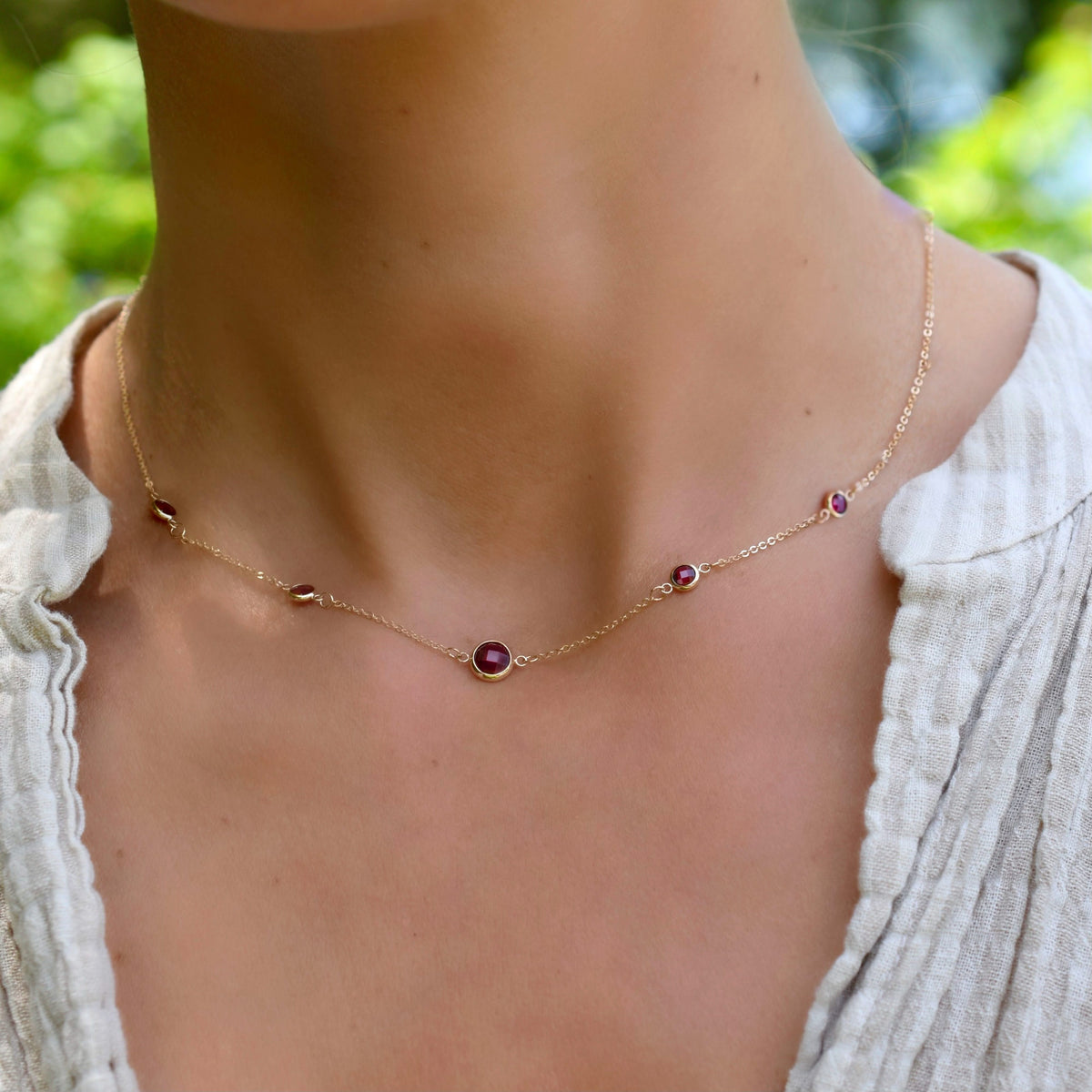 1 Grand & 4 Petite Ruby Necklace in 14k Gold (July)