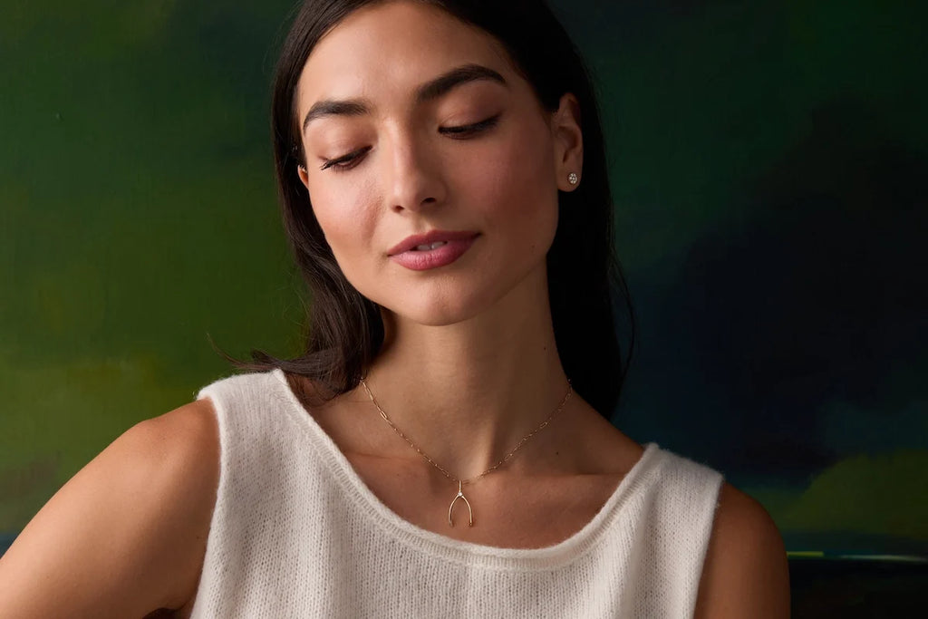 Small Diamond Wishbone Pendant in Solid 14k Gold (April)