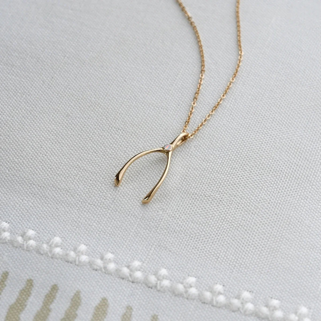 Small Opal Wishbone Pendant in Solid 14k Gold (October)
