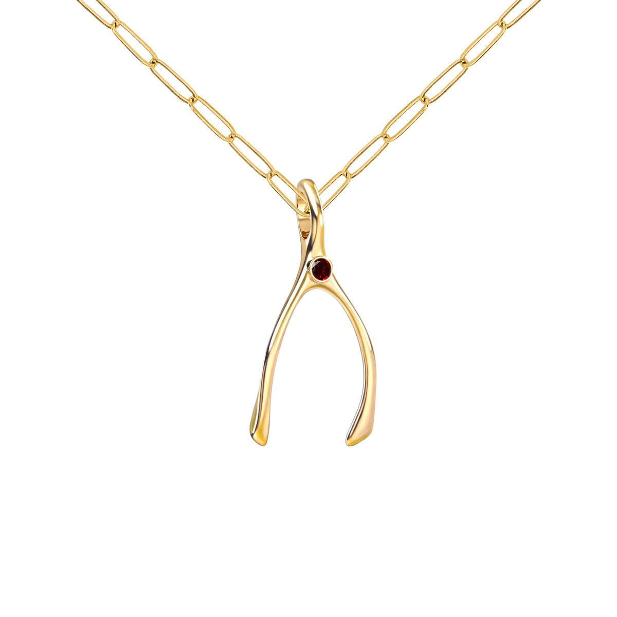 Small Garnet Wishbone Pendant in Solid 14k Gold (January)