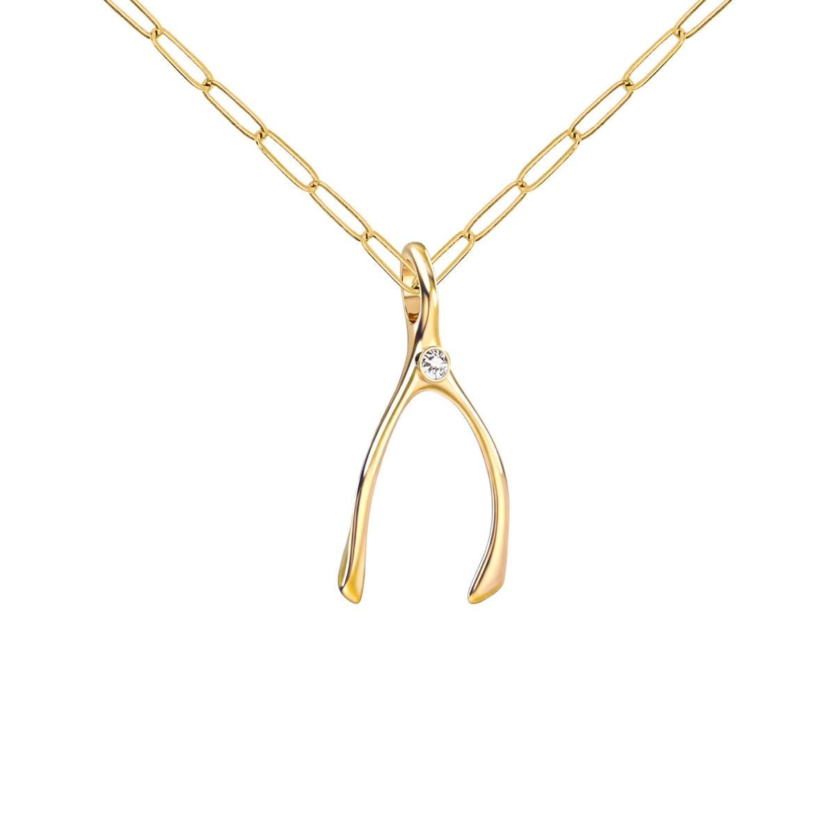 Small Diamond Wishbone Pendant in Solid 14k Gold (April)