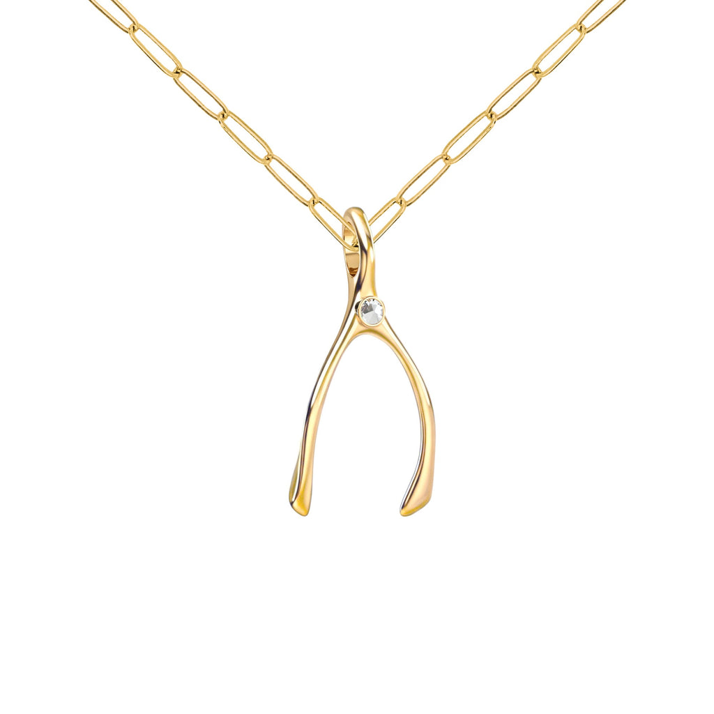 Small White Topaz Wishbone Pendant in Solid 14k Gold (April)