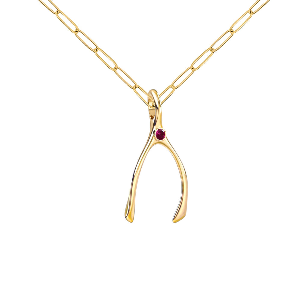 Small Ruby Wishbone Pendant in Solid 14k Gold (July)