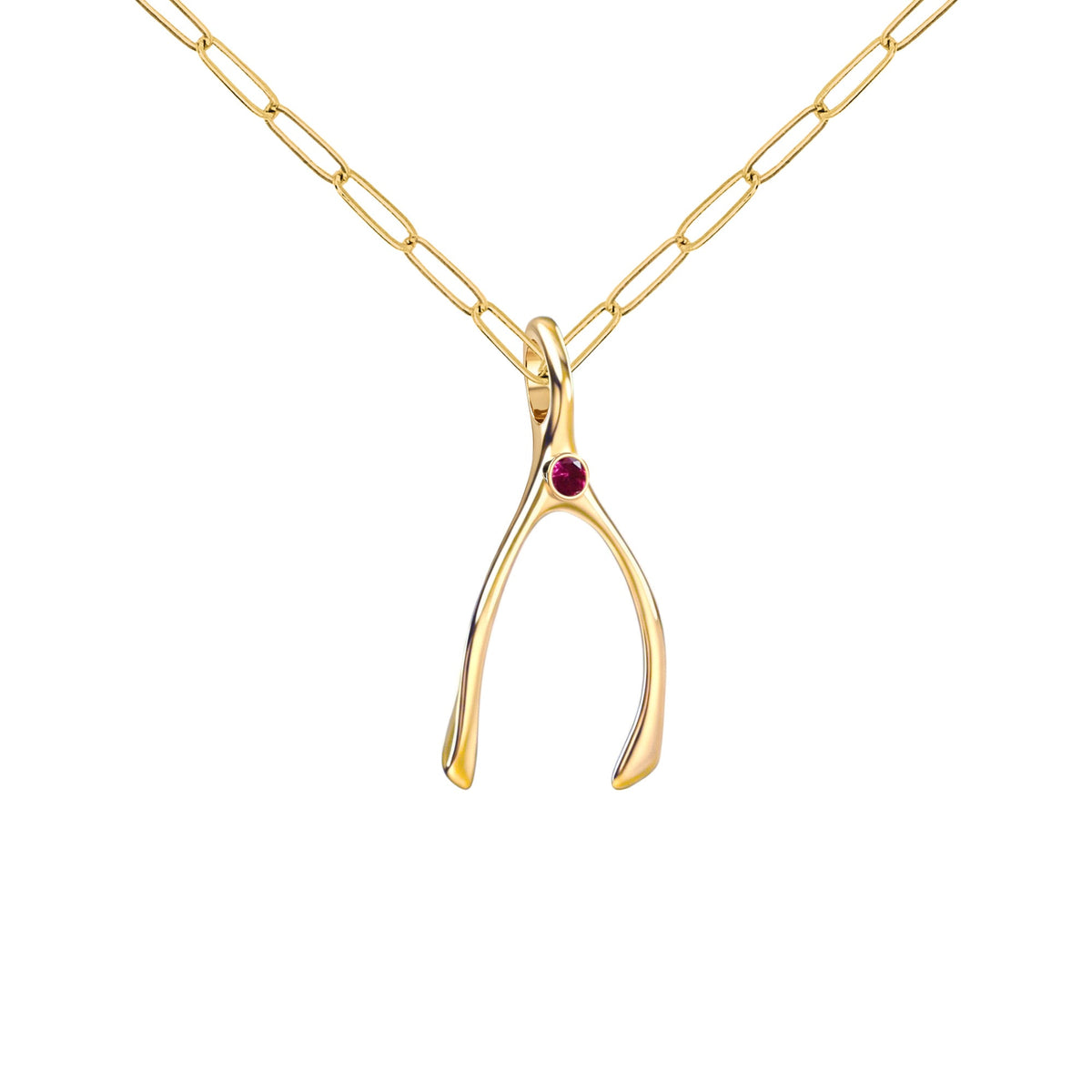 Small Ruby Wishbone Pendant in Solid 14k Gold (July)
