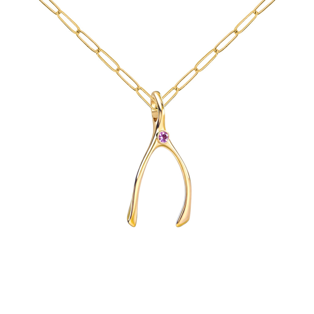 Small Pink Sapphire Wishbone Pendant in Solid 14k Gold (October)
