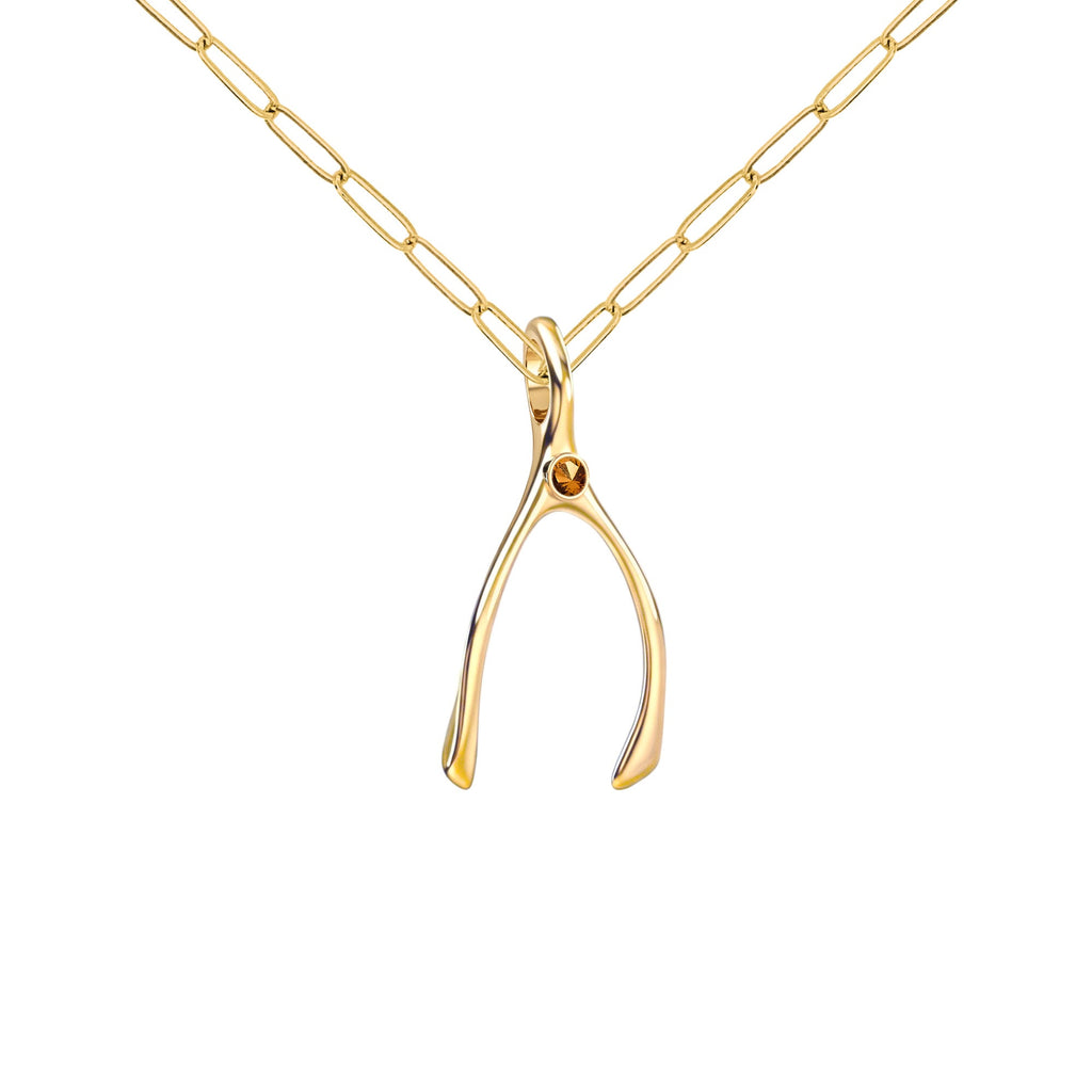 Small Citrine Wishbone Pendant in Solid 14k Gold (November)