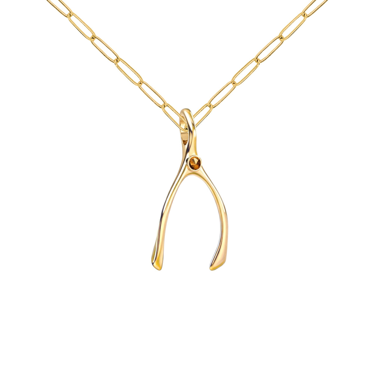 Small Citrine Wishbone Pendant in Solid 14k Gold (November)