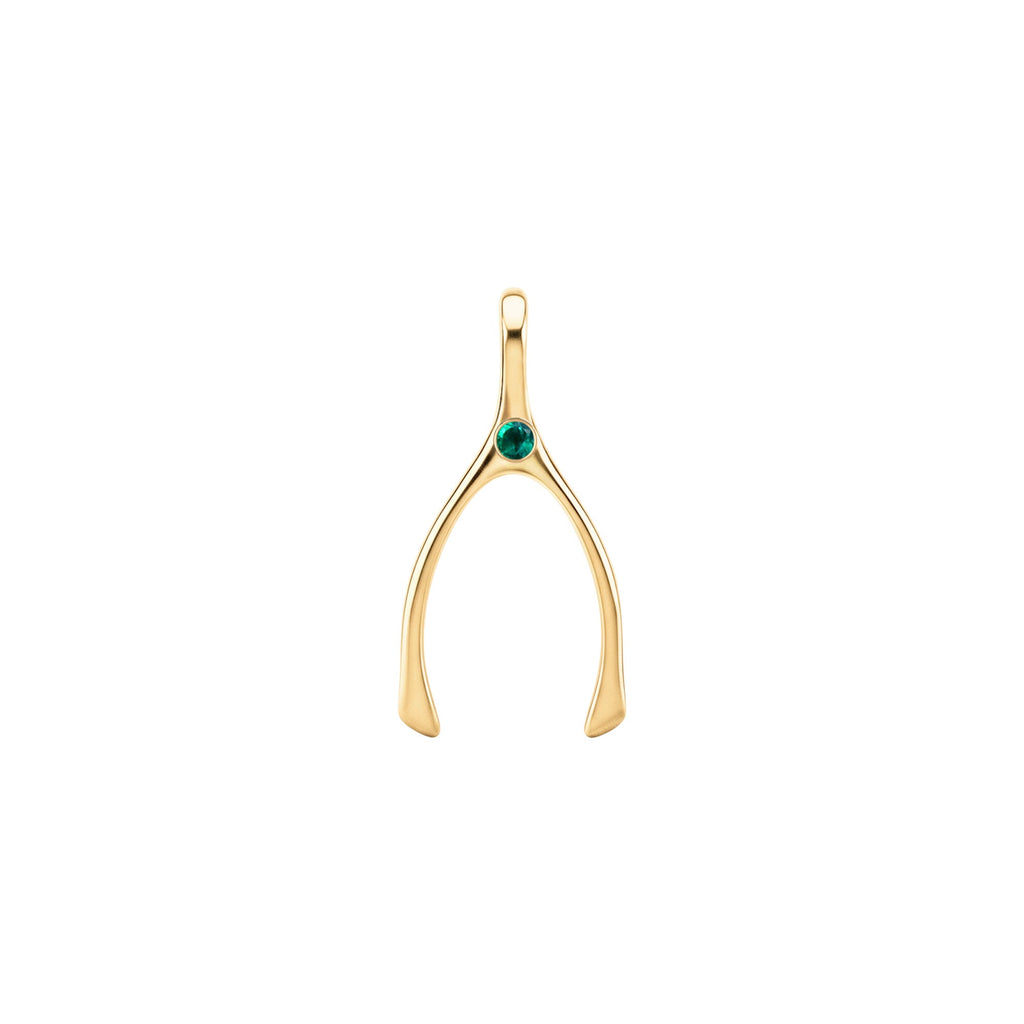 Small Emerald Wishbone Pendant in Solid 14k Gold (May)