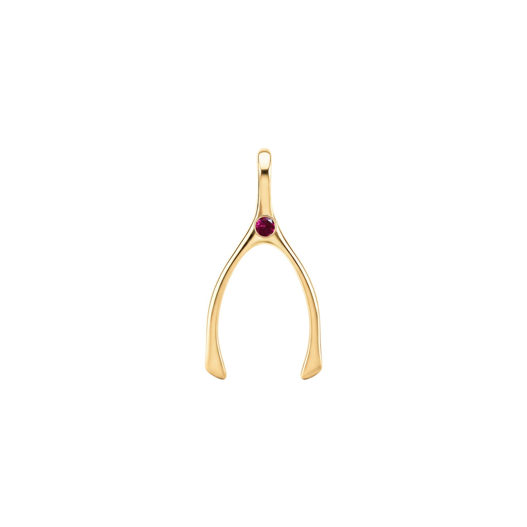 Small Ruby Wishbone Pendant in Solid 14k Gold (July)