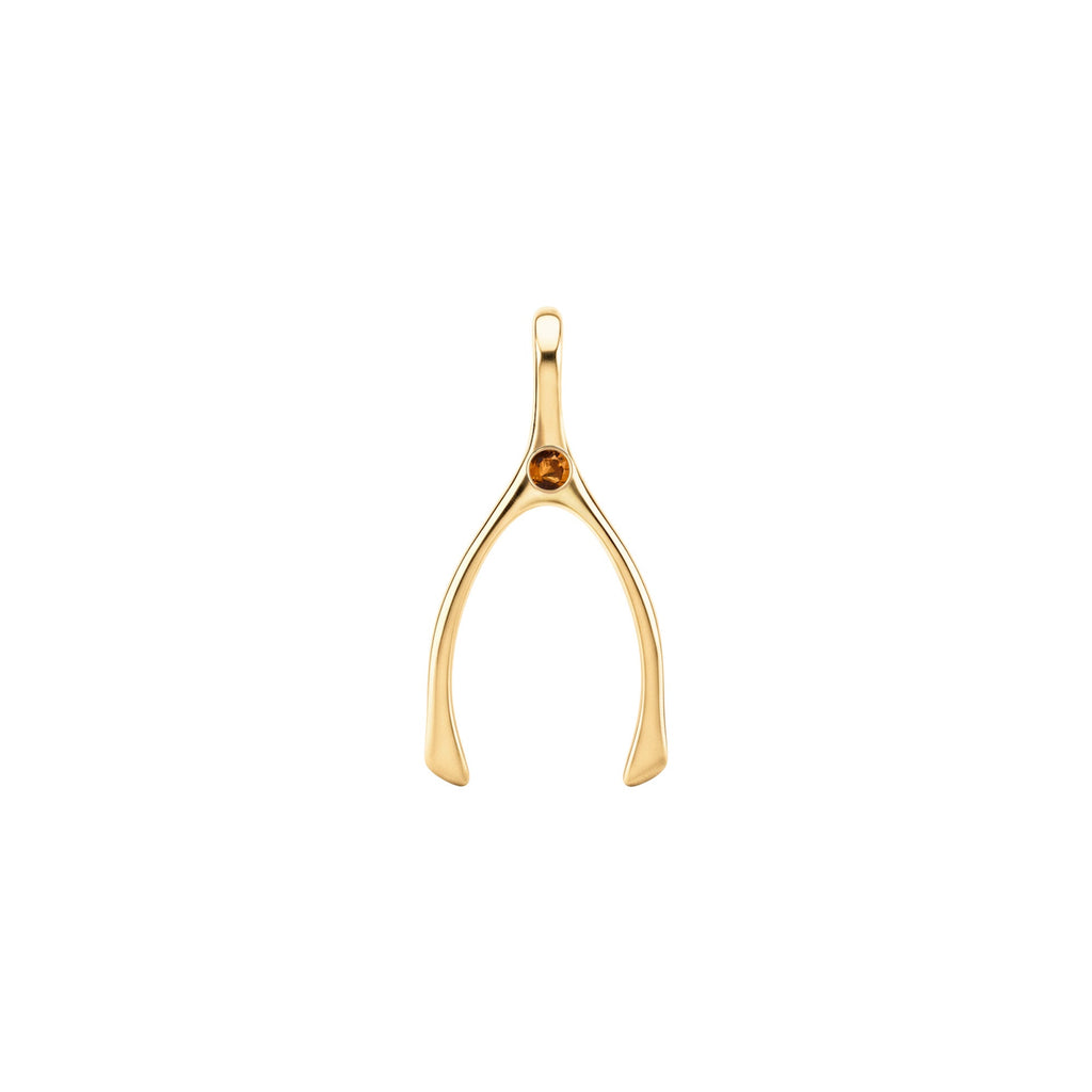 Small Citrine Wishbone Pendant in Solid 14k Gold (November)
