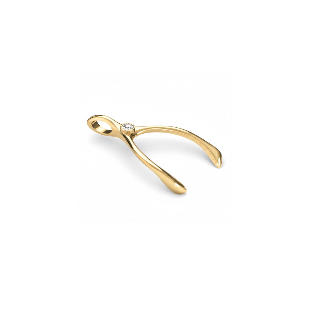 Small Diamond Wishbone Pendant in Solid 14k Gold (April)