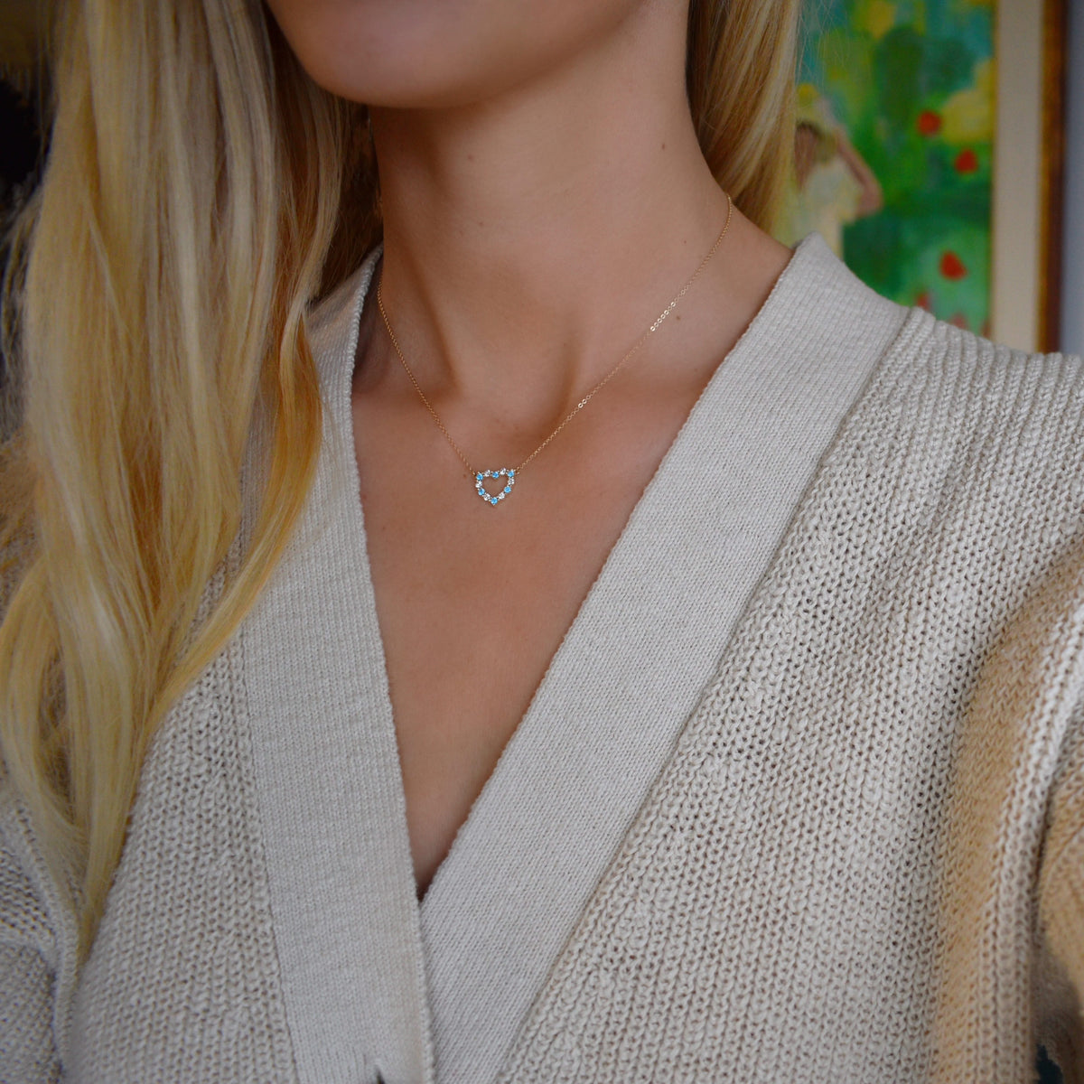 Rosecliff Small Heart Diamond & Nantucket Blue Topaz Necklace in 14k Gold (December)