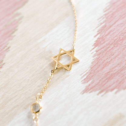 Star of David & Petite 1 Birthstone Bracelet in 14k Gold