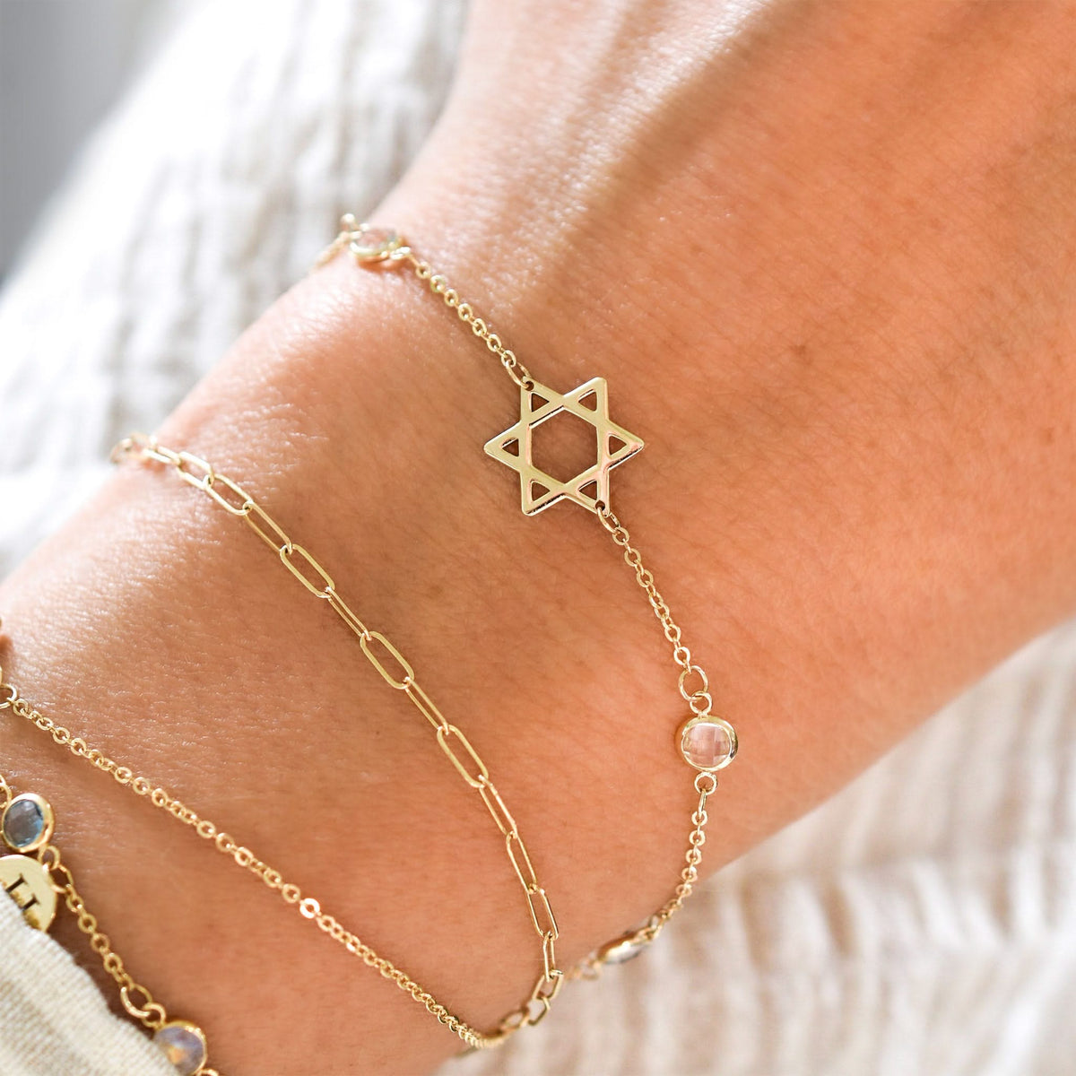Star of David & Petite 4 Birthstone Bracelet in 14k Gold
